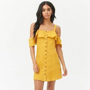 Forever 21 Mustard Flounce Linen Button-Front Dress Small